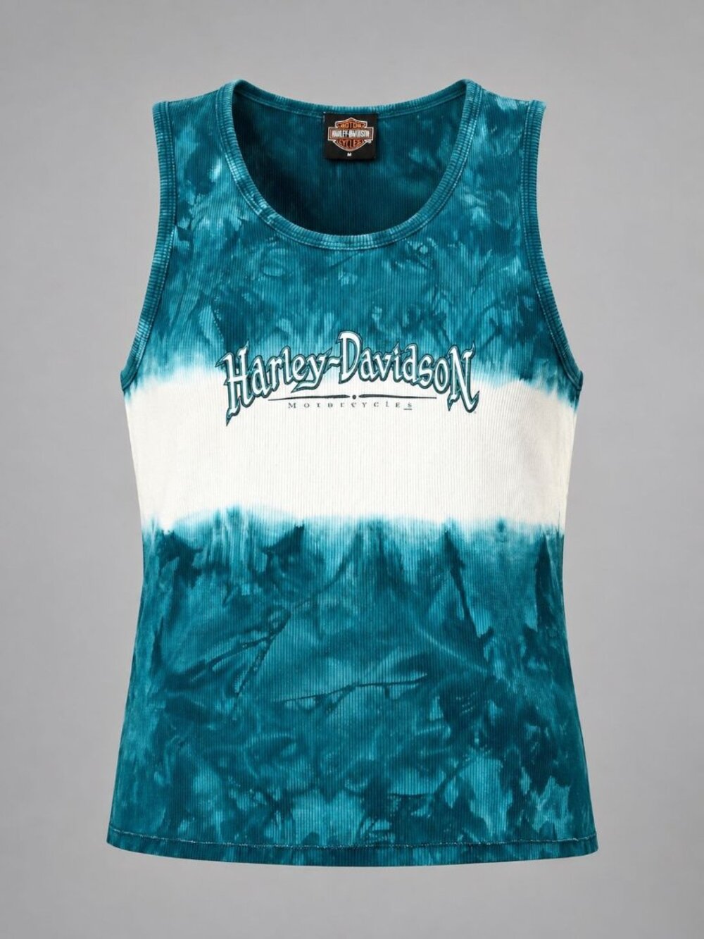 Harley-Davidson Womens Medium Tank Top Teal White Tie-Dye Ribbed Hals New Berlin